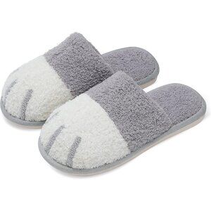 Women's Gray White Memory Foam Winter Warm Cozy Fuzzy Bedroom Slippers Shoes